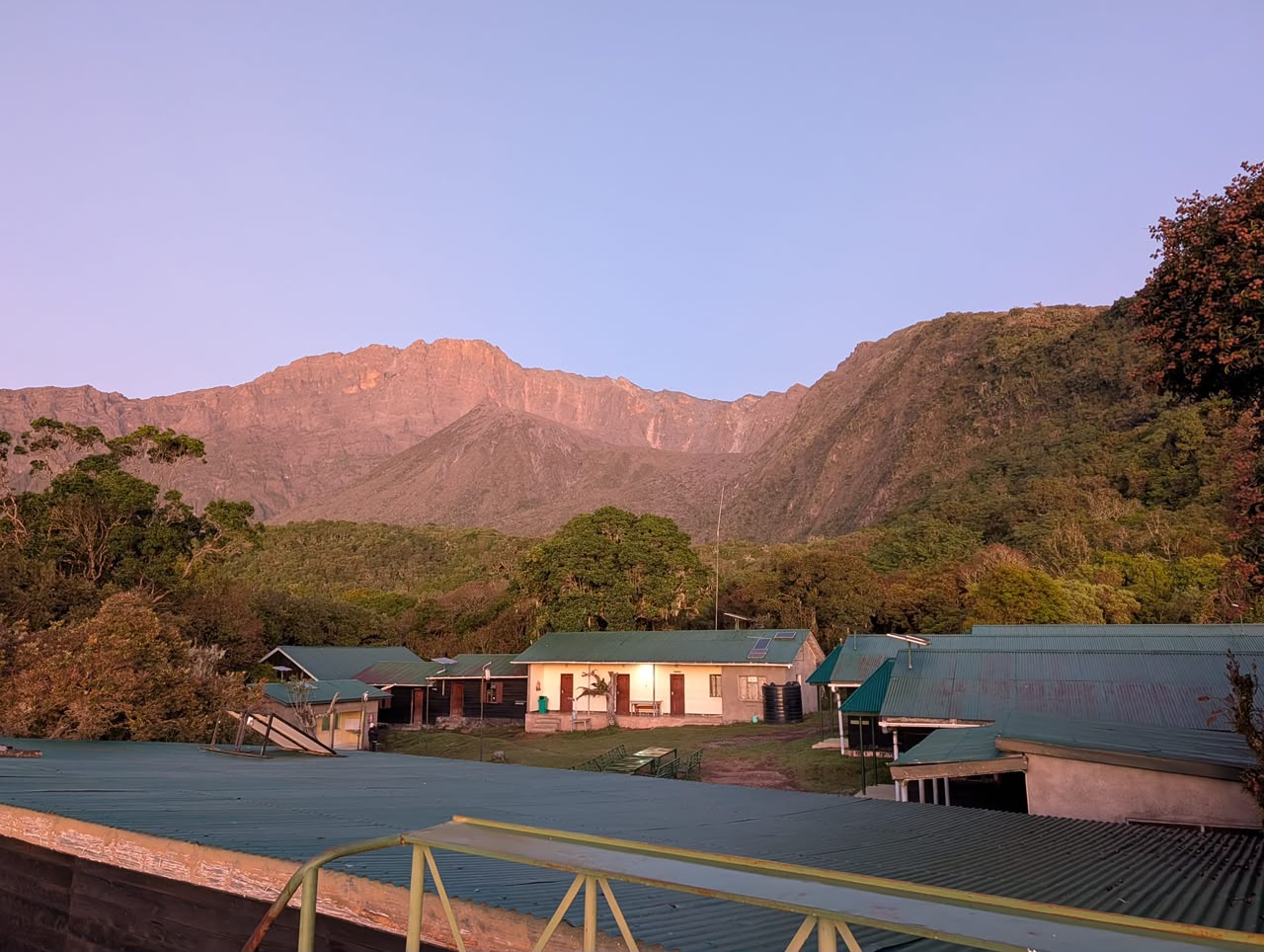 Park huts under Meru at dusk